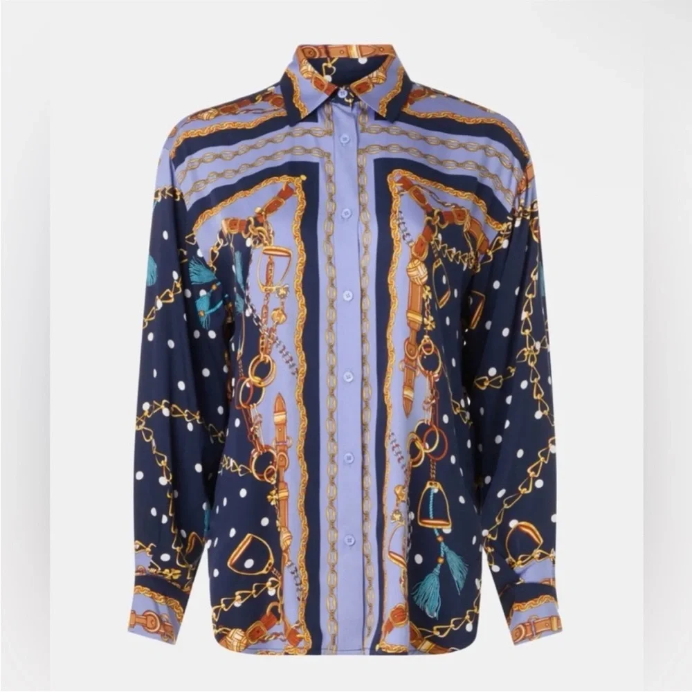 Maje Cechaine Satin Effect Button Up Blue Rope Chain Printed Blouse NEW US 6 - Picture 2 of 11
